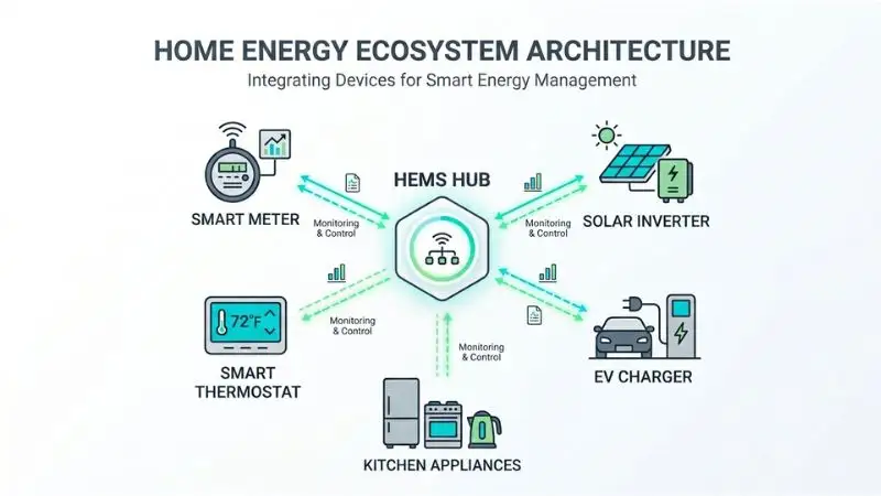 System architecture diagram of a connected home energy ecosystem: central Home Energy Management System (HEMS) hub connected via glowing dashed lines to a smart utility meter, solar inverter, EV charger, smart thermostat, and kitchen appliances. Reduce electricity bill by optimizing these integrated energy flows.ans slash your electricity bills