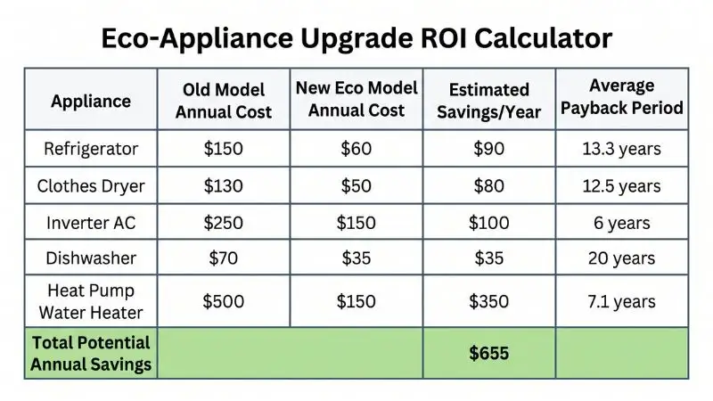 Data table titled "Eco-Appliance Upgrade ROI Calculator" with columns for Appliance, Old vs. New Eco Model annual costs, Estimated Savings/Year, and Payback Period. Rows cover Refrigerator, Clothes Dryer, Inverter AC, Dishwasher, and Heat Pump Water Heater. Reduce electricity bill by comparing upgrade savings.