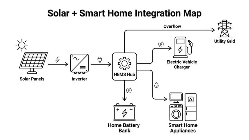 Technical flow diagram "Solar + Smart Home Integration Map": solar panels feed inverter to HEMS hub, then branches to battery bank, EV charger, smart appliances, and utility grid overflow. Reduce electricity bill by storing solar energy and managing home loads intelligently.