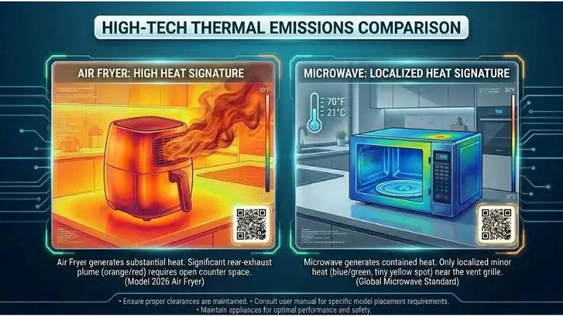 Thermal imaging FLIR comparison of kitchen appliances: Left side shows air fryer in bright orange and red with hot air exhausting from back. Right side shows microwave in cool blue and green with tiny yellow spot near vent. Modern 2026 kitchen background with digital thermometer icon showing lower temperature near microwave.