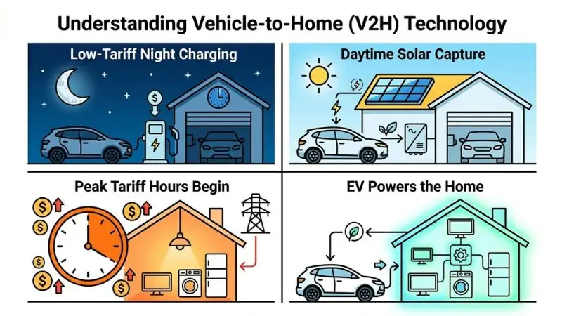 Four-panel infographic titled "Vehicle-to-Home (V2H) Technology": night charging at low tariff, daytime solar capture, evening peak hours with dollar signs, and EV powering home appliances. Reduce electricity bill by shifting energy use through V2H and solar storage.