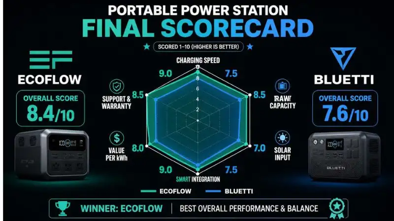 Radar chart comparing EcoFlow Delta Pro Ultra (teal) vs Bluetti (blue) across 6 metrics (1–10). Focus: EcoFlow leads in Charging Speed & Smart Integration; Bluetti tops Raw Capacity & Value per kWh.