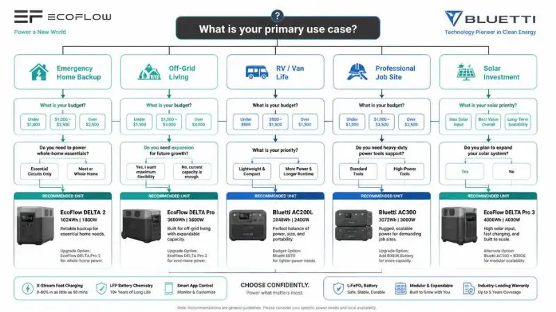Decision flowchart starting with primary use case (Emergency Backup, Off-Grid, RV/Van, Job Site, Solar Investment). Each path uses budget, expansion, and solar priority to recommend a model — color-coded in EcoFlow teal and Bluetti blue.
