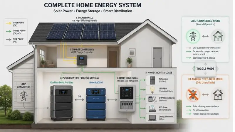 Infographic showing solar-powered home energy system: roof panels → charge controller → dual power stations (EcoFlow teal, Bluetti blue) → Smart Panel with appliance icons. Focus: toggle between grid-connected (green glow) and islanding/off-grid mode (orange, grid crossed out); energy flows color-coded solar (yellow), stored (green), grid (gray).