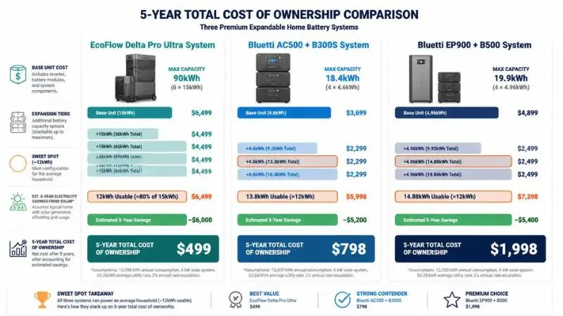 Three-column waterfall chart comparing EcoFlow Delta Pro Ultra (teal) vs Bluetti AC500 (blue) vs Bluetti EP900 (navy). Each shows base cost, expansion tiers, and 5-year total cost of ownership with savings. Focus: orange circle marks 12kWh sweet spot for average households.