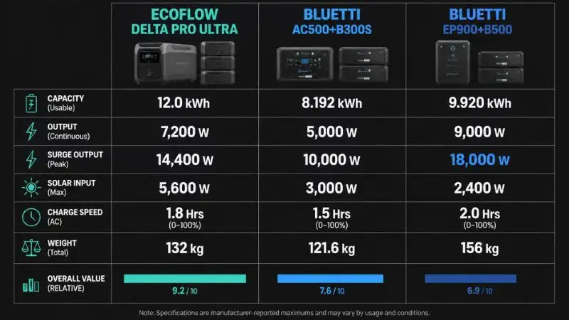 Dark infographic comparing three portable power stations: EcoFlow Delta Pro Ultra (teal), Bluetti AC500 (blue), Bluetti EP900 (navy). Focus: bold specs for capacity, output, solar input, charge speed, weight; bottom bars show teal best for solar input, blue best for surge output.