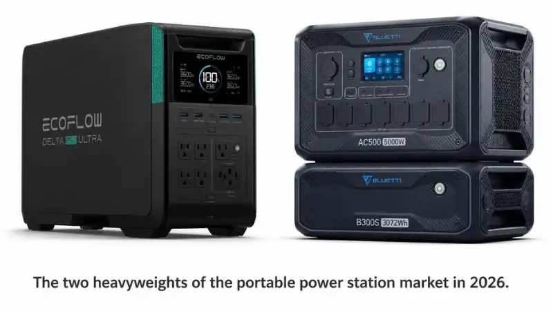 Studio photo: EcoFlow Delta Pro Ultra (teal/black) left vs Bluetti AC500+B300S (navy/silver) right, same scale and angle. Focus: both units shown three-quarter front with logos, drop shadows, clean white background; caption space reads "The two heavyweights of the portable power station market in 2026."Studio photo: EcoFlow Delta Pro Ultra (teal/black) left vs Bluetti AC500+B300S (navy/silver) right, same scale and angle. Focus: both units shown three-quarter front with logos, drop shadows, clean white background; caption space reads "The two heavyweights of the portable power station market in 2026."