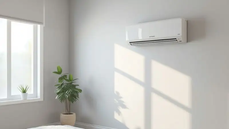 Sleek white split air conditioner mounted in a sunlit modern minimalist living room with large garden windows and clean furniture design, representing comfort and energy efficiency in 2026.
