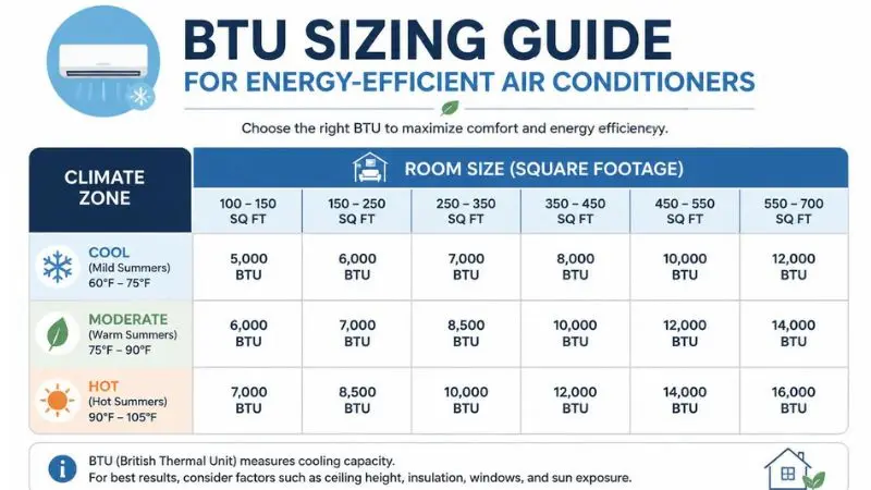 BTU sizing chart for choosing the best energy-efficient air conditioners based on room square footage and local climate zones.