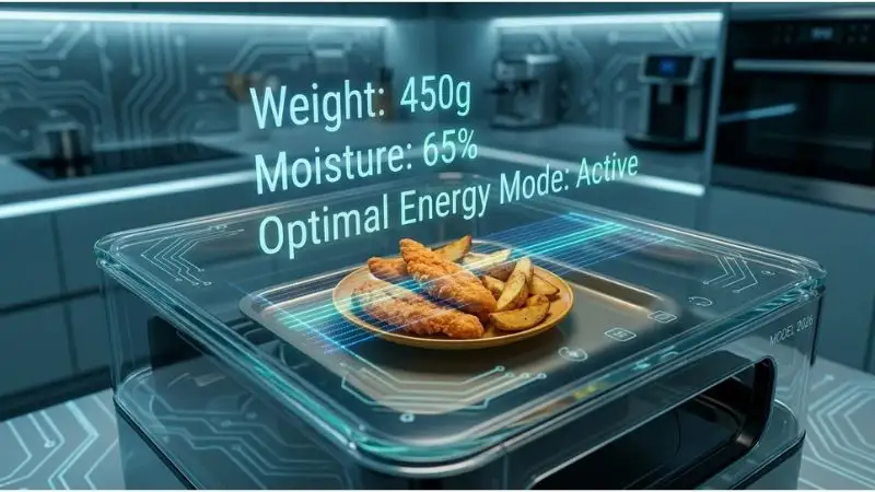 Futuristic close-up of 2026 air fryer interface with transparent glass panel showing digital scanning lines over food. Floating holographic text displays "Weight: 450g", "Moisture: 65%", and "Optimal Energy Mode: Active". Dimly lit high-tech kitchen background with soft blue and teal color palette.
