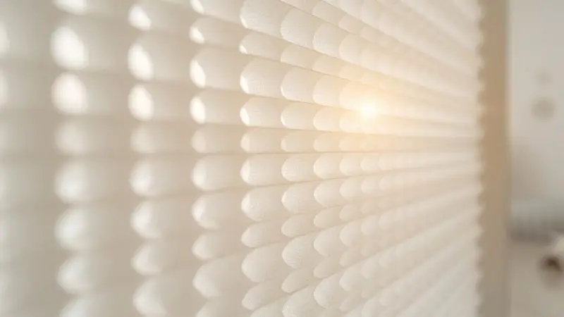 Close-up view of energy-efficient cellular honeycomb window shades designed to block solar heat and improve home cooling efficiency during summer.