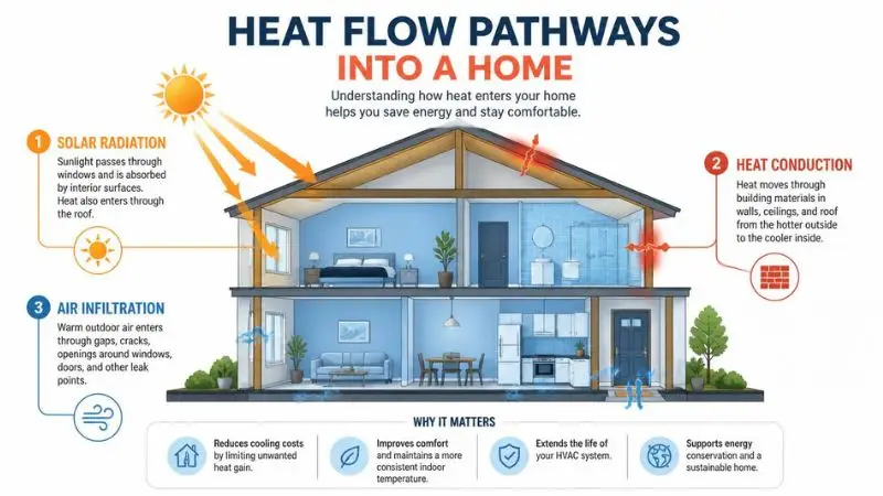 Infographic diagram showing heat flow pathways into a house via solar radiation, conduction, and air infiltration to explain summer energy-saving methods.