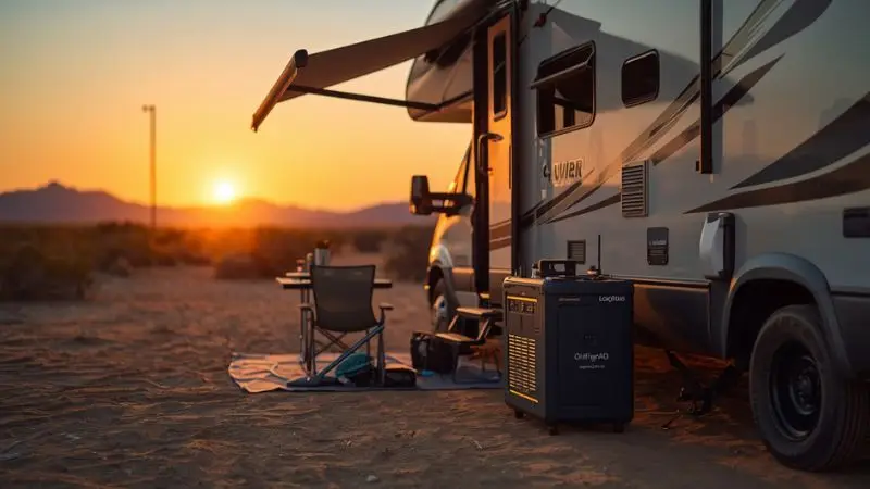 Modern RV off-grid power setup featuring the best LiFePO4 battery upgrade kit at a scenic desert campsite for adventure travel in 2026.