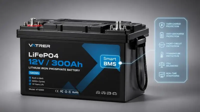 High-capacity LiFePO4 battery with integrated BMS for RV off-grid power systems, ensuring safety and optimal performance in 2026.