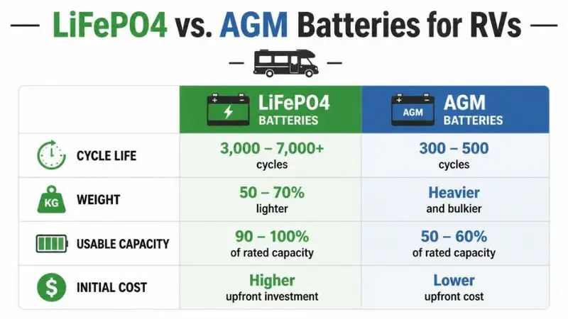 Comparison infographic of LiFePO4 vs. AGM batteries for RV upgrades, highlighting differences in cycle life, weight, capacity, and cost.