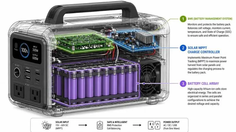 Technical illustration of power station components including battery cells, BMS circuit board, and MPPT controller for troubleshooting charging issues.