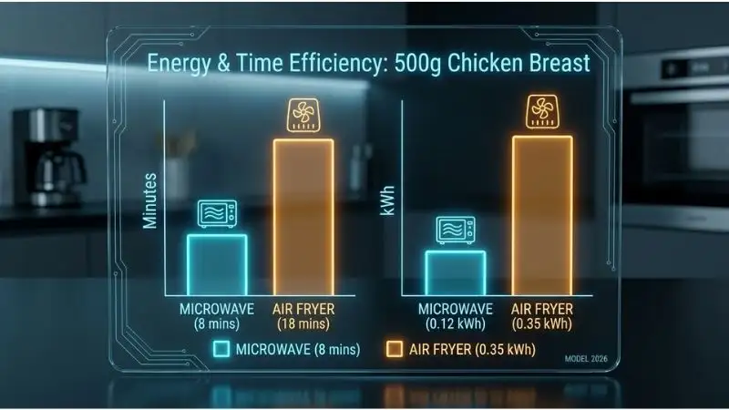 Modern bar chart titled "Energy & Time Efficiency: 500g Chicken Breast". Two data sets: Time in minutes shows Microwave 8 mins vs Air Fryer 18 mins. Energy usage in kWh shows Microwave 0.12 vs Air Fryer 0.35. Sleek 2026 design with neon blue for microwave, warm orange for air fryer, dark professional background.