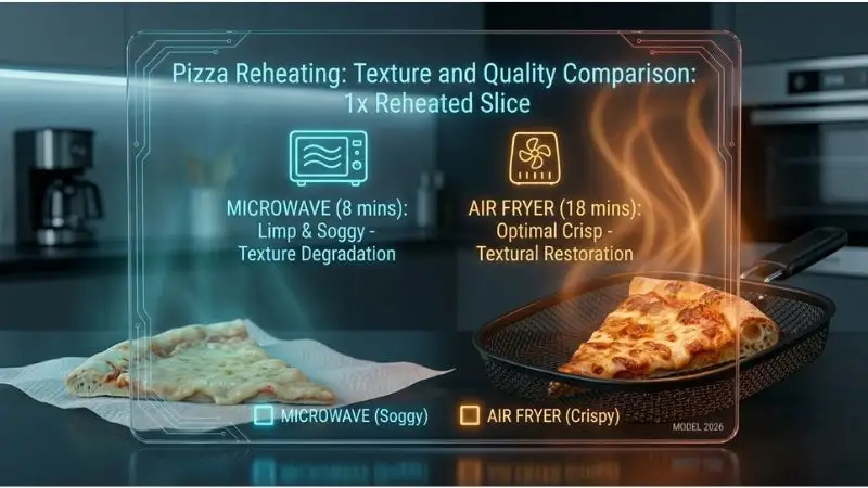 High-resolution side-by-side comparison of reheated pizza. Left: microwave slice looks limp and soggy on paper towel. Right: air fryer slice inside basket with crispy crust and bubbling golden-brown cheese. Soft glowing heat lines emanate from air fryer heating element above.