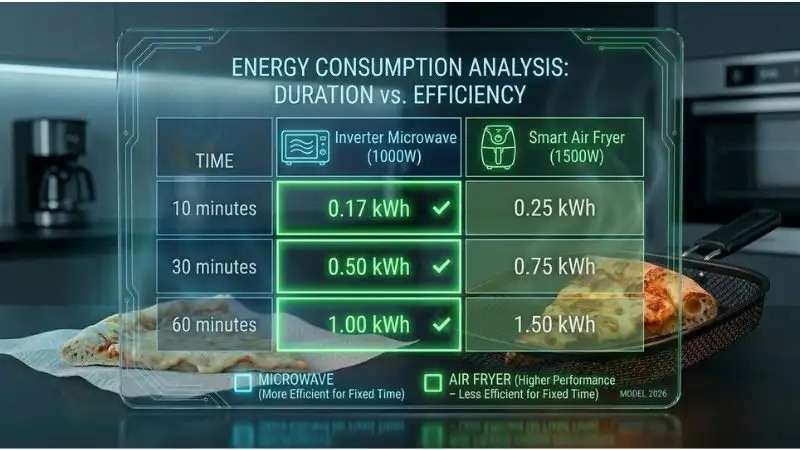 Clean professional comparison table over modern kitchen background. Three rows for 10, 30, and 60 minutes. Two columns: Inverter Microwave (1000W) vs Smart Air Fryer (1500W). Cells show energy used in kWh: 10 min (0.17 vs 0.25), 30 min (0.50 vs 0.75), 60 min (1.00 vs 1.50). Green and blue accents highlight energy efficiency.