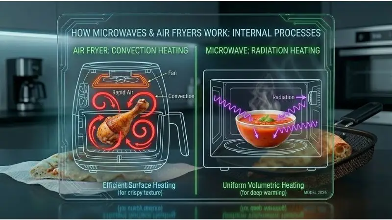 Professional scientific infographic split vertically. Left half shows cross-section of 2026 air fryer with bright red swirling arrows labeled "Convection" flowing around chicken drumstick representing Rapid Air technology. Right half shows cross-section of microwave with purple zig-zagging electromagnetic waves labeled "Radiation" penetrating bowl of soup. High-tech modern aesthetic.