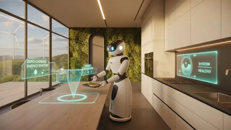 Futuristic biophilic home interior from 2030, featuring sleek white minimalist tech, an indoor green wall, and natural wood accents. A friendly robot assistant with an LED face places a tray of fresh food on a smart dining table. Floor-to-ceiling windows reveal a green city skyline with wind turbines. Holographic kitchen interfaces display zero-carbon energy stats and a “System Healthy” status. Warm, ultra-modern lighting creates an inviting atmosphere.