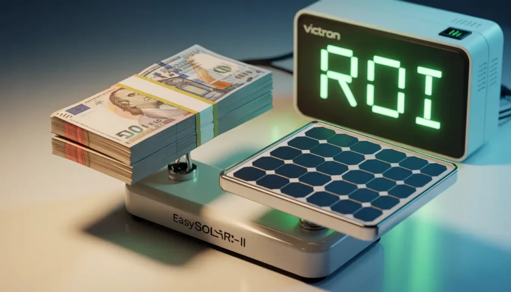 A professional 4K technical financial graphic in a sharp 3D isometric style, showing a balance scale weighing a stack of Euro and Dollar bills against a high-efficiency HJT solar panel. The HJT panel is slightly heavier, symbolizing its higher initial cost (CAPEX). In the background, a Victron EasySolar-II unit features a glowing green digital display reading 