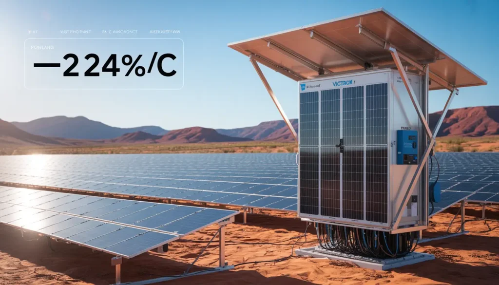 A 4K hyper-realistic wide shot of a desert solar farm featuring HJT solar panels shimmering with heat waves over red Australian outback soil. A Victron EasySolar-II unit is visible mounted within a ventilated outdoor enclosure. The bright cinematic sun illuminates the scene, and a technical overlay displays the text 