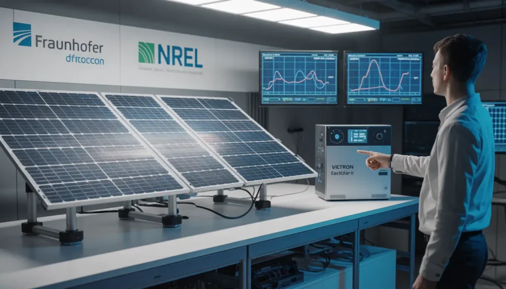 An 8K realistic photograph of a solar testing lab with a professional engineer pointing to a Victron EasySolar-II unit. Behind them, side-by-side TOPCon and HJT solar panels are undergoing a comparative test under a large solar simulator. Digital displays in the background show real-time efficiency graphs for both panels, with visible logos for Fraunhofer and NREL. The scene is illuminated by cinematic technical lighting, emphasizing ultra-detailed textures.