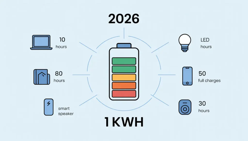 A clean and colorful infographic featuring a central 1 kWh battery icon. Surrounding the battery are icons of 2026 household items with usage labels: a laptop for 10 hours, an LED bulb for 80 hours, a smartphone for 50 full charges, and a smart speaker for 30 hours. The design uses a modern palette of soft blues and greens to represent energy efficiency.