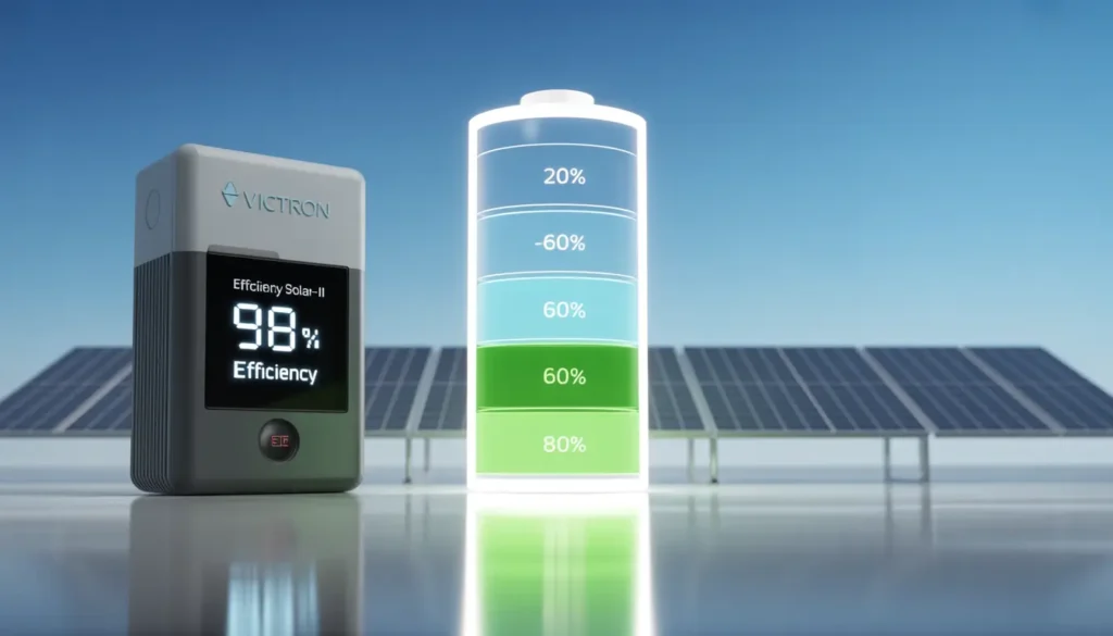 A 4K scientific visualization of a battery icon showing a 60% green efficiency zone with a Victron EasySolar-II displaying 98% efficiency.