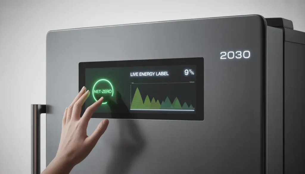 A futuristic concept of a 2030 kitchen appliance featuring a sleek, matte-black refrigerator with a built-in, borderless E-ink display. The screen shows a 