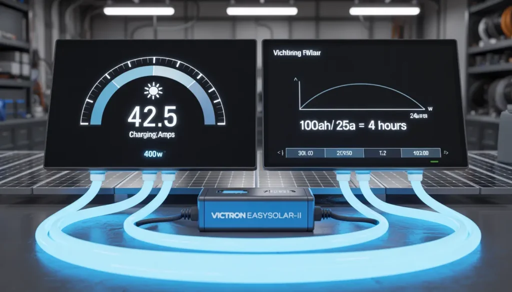 A 4K technical dashboard showing 42.5 Amps charging speed and a solar battery calculation formula (100Ah / 25A = 4 Hours) connected to a 400W solar array.