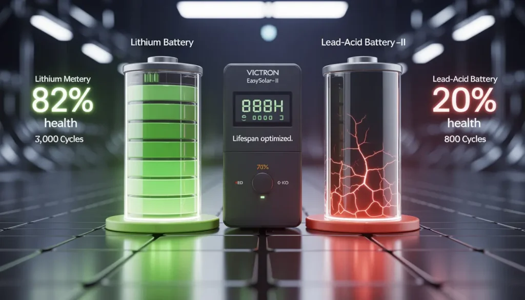 A 4K infographic 3D render showing a Lithium battery at 82% health after 3,000 cycles versus a Lead-Acid battery at 20% health after 800 cycles, with a Victron EasySolar-II in the center.