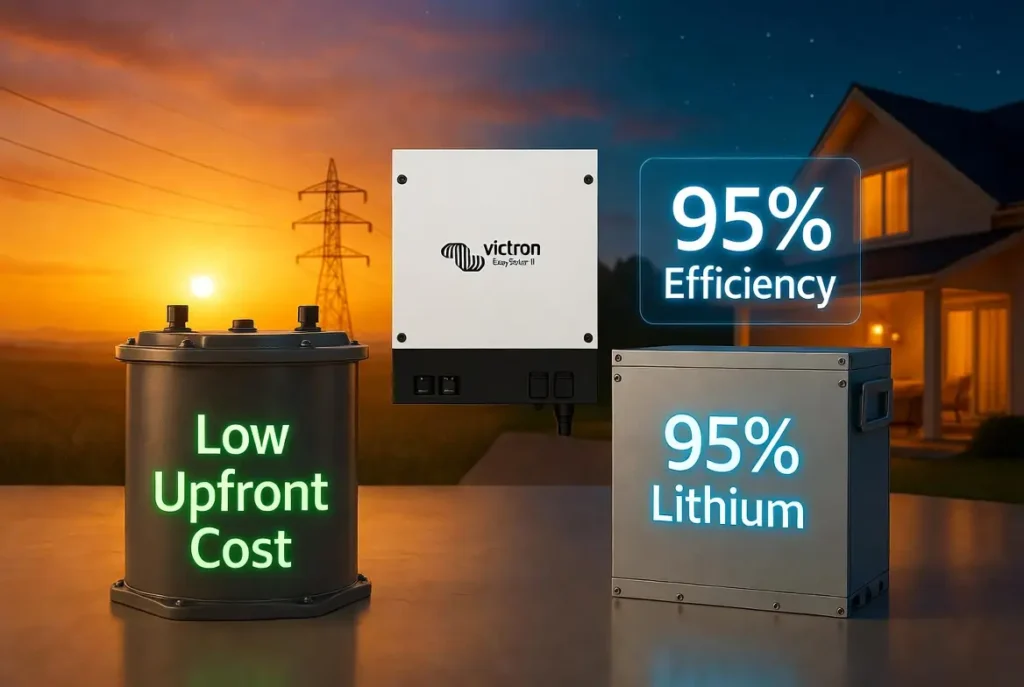 A 4K summary graphic with Victron EasySolar-II in the center, showing a comparison between "95% Efficiency" Lithium and "Low Upfront Cost" Tubular batteries, transitioning from day to a powered home at night.