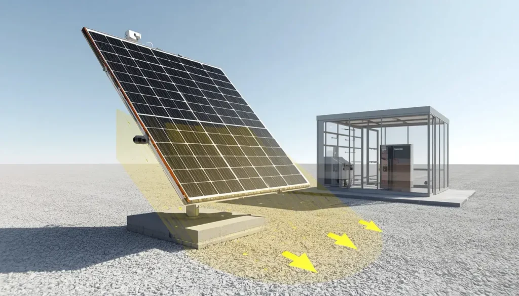 A 4K realistic 3D architectural visualization showing a cross-section of a bifacial HJT solar panel installed on a white gravel ground mount. Glowing yellow arrows illustrate the albedo effect, with sunlight bouncing from the reflective ground into the rear side of the panel. In the background, a Victron EasySolar-II unit is visible inside a nearby glass shed under a bright, clear sky, highlighting sharp technical details and professional rendering.