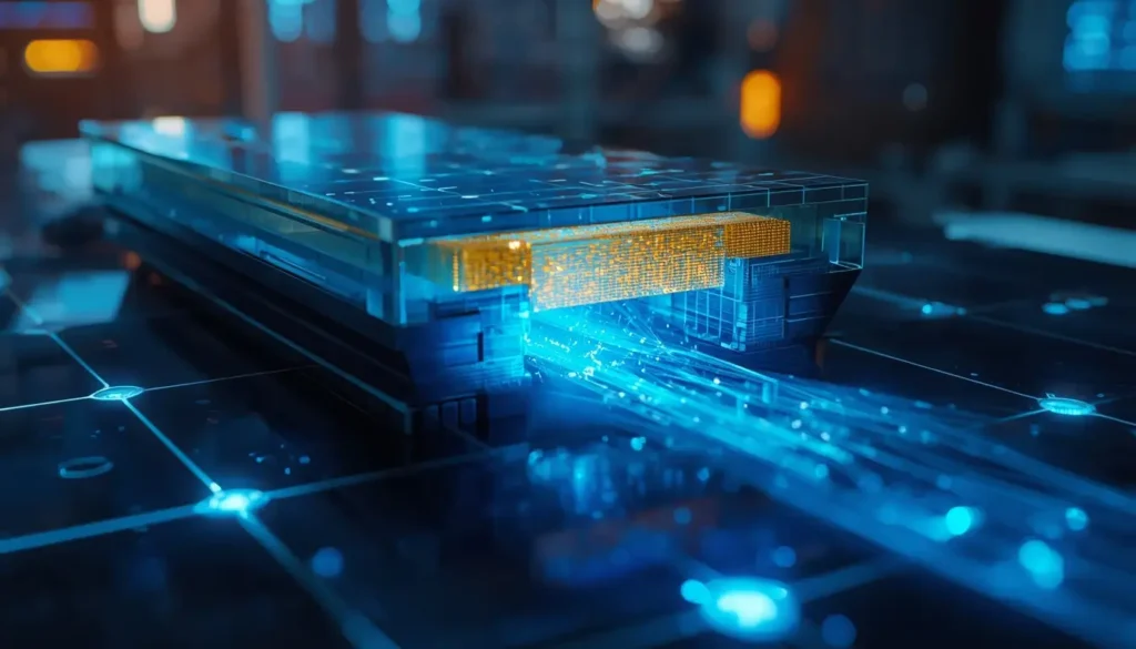 High-resolution macro photograph illustrating a cross-section comparison between TOPCon and HJT solar cell structures, showcasing the glowing blue electron flow across the tunnel oxide layer. The detailed schematic diagram includes photorealistic textures, sharp focus on the silicon layers, and a high-tech laboratory background with a futuristic aesthetic.