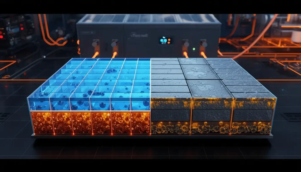 A detailed technical cross-section comparing a clean LiFePO4 cell with blue ions and a Flooded Lead Acid cell showing sulfate crystal growth and bubbling acid.