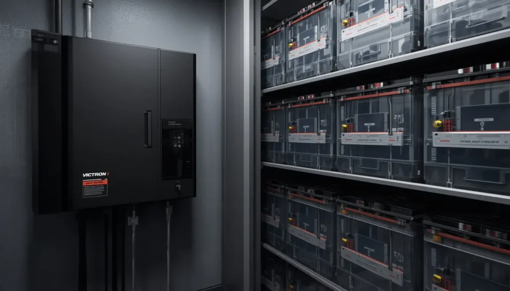 A 3D render comparing a modern wall-mounted Lithium battery with Victron EasySolar-II on the left and a traditional rack of transparent Tubular Lead-Acid batteries on the right.
