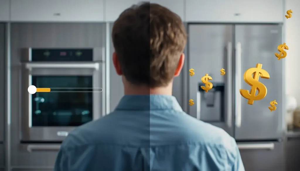 A split-screen visual comparison. On the left side, a person examines a high-end appliance where the EnergyGuide slider is on the efficient left side, accompanied by shrinking 3D dollar signs. On the right, a person looks at a budget appliance with the slider on the inefficient right side, with growing 3D dollar signs symbolizing higher long-term costs.