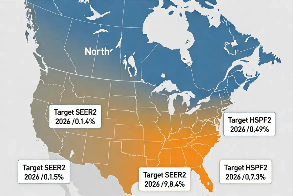 A clean, professional map of North America divided into three color-coded climate zones: Northern Zone (cool blue), Southeast Zone (warm light green), and Southwest Zone (warm orange). Overlaid callout boxes specify the 2026 target efficiency ratings for each region. Northern Zone: Target SEER2 15, Target HSPF2 9.5. Southeast Zone: Target SEER2 16, Target HSPF2 8.8. Southwest Zone: Target SEER2 16.5, Target HSPF2 8.5. The map highlights how regional climate influences minimum efficiency requirements for HVAC systems, emphasizing higher SEER2 in hot climates and higher HSPF2 in cold climates. No specific cities or labels shown, keeping the focus on zoning and performance targets.