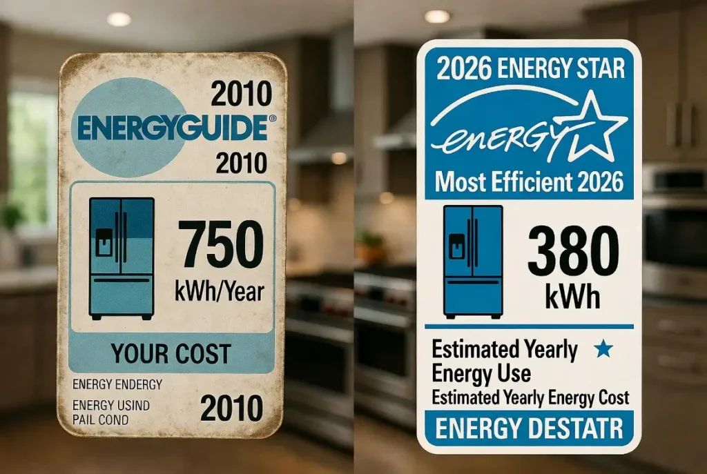 A high-quality, side-by-side visual comparison showing two refrigerator EnergyGuide labels against a blurred high-end kitchen background. On the left, a faded, dusty yellow EnergyGuide label from a 2010 refrigerator with a worn appearance, displaying a high estimated annual energy use of "750 kWh" and an estimated operating cost of 90peryear.Ontheright,acrisp,modern2026EnergyStarlabelforasimilar−sizedrefrigerator,featuringacleanwhiteandbluedesign,abrightblue"MostEfficient2026"badge,andasignificantlylowerestimatedenergyuseof"380kWh"withanestimatedcostof90peryear.Ontheright,acrisp,modern2026EnergyStarlabelforasimilar−sizedrefrigerator,featuringacleanwhiteandbluedesign,abrightblue"MostEfficient2026"badge,andasignificantlylowerestimatedenergyuseof"380kWh"withanestimatedcostof45 per year. The contrast highlights a nearly 50% reduction in energy consumption over 16 years. The modern label includes the Energy Star logo and QR code placeholder, emphasizing improved efficiency standards and consumer savings.