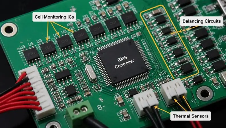 Close-up of a battery management system (BMS) circuit board with cell monitoring and thermal sensors for home energy storage.