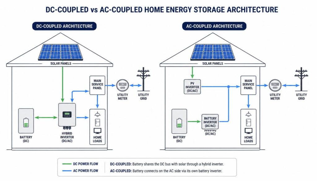 DC-coupled vs AC-coupled home energy storage wiring architecture diagram for solar power systems.