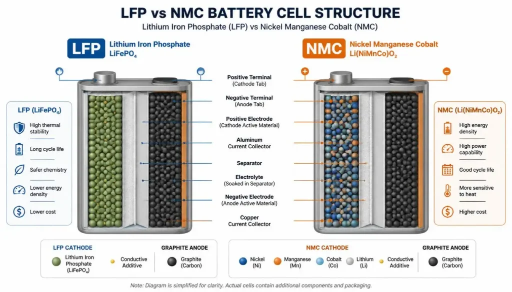 LFP vs NMC battery cell chemistry structure comparison for home energy storage systems.