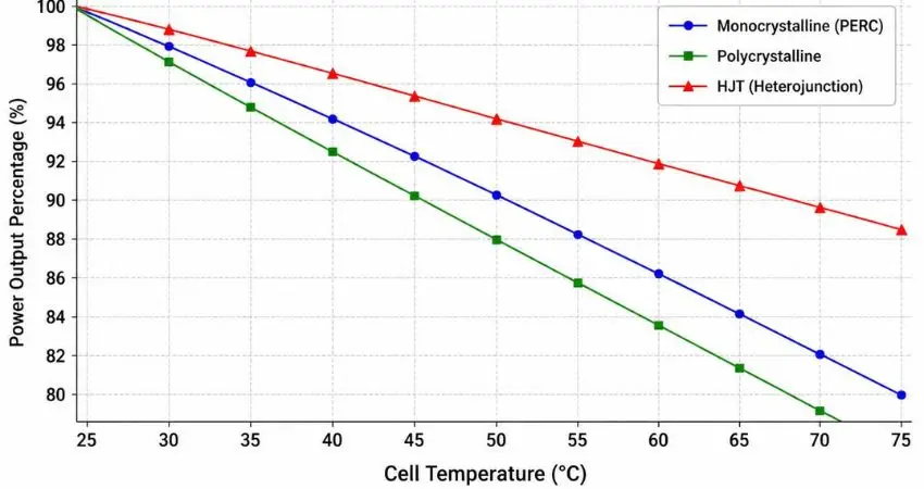 Graph comparing solar panel efficiency vs temperature across panel types.