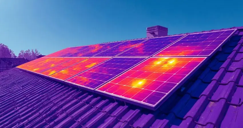 Thermal imaging of solar panels showing heat distribution affecting efficiency.