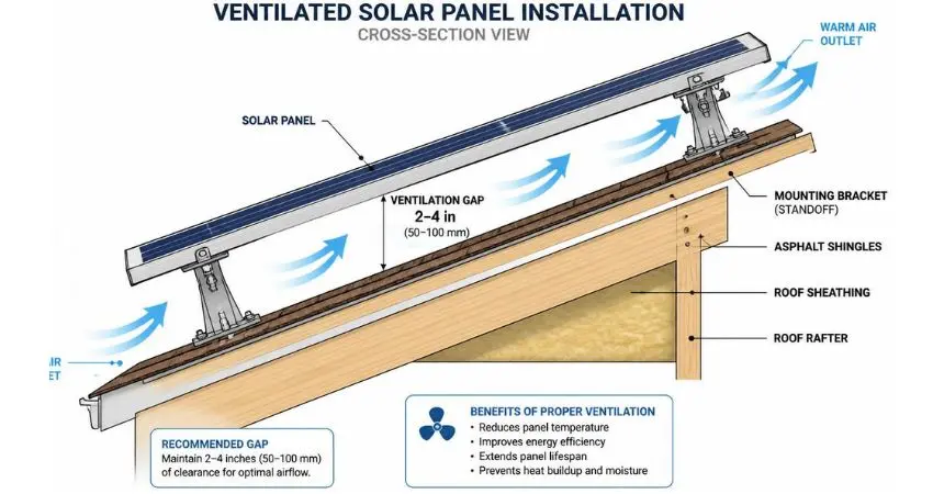 Diagram showing proper ventilation gap for solar panel installation to reduce heat buildup.