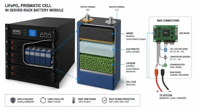 Technical cross-section diagram showing LiFePO4 prismatic cell structure and BMS connections in a server rack battery for large battery vs server rack batteries comparison.