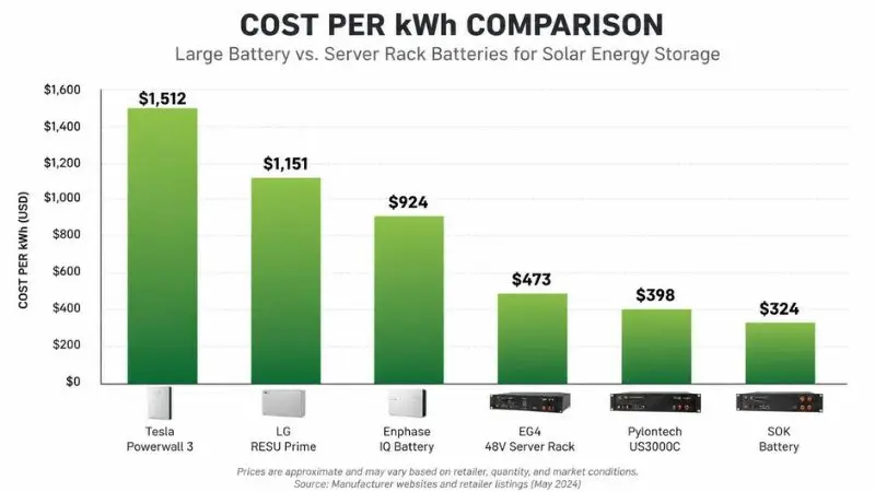 Cost per kWh comparison chart: large battery vs server rack batteries for solar energy storage systems.
