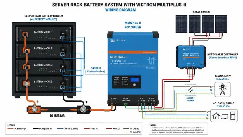 Technical wiring diagram for Victron inverter with server rack batteries, illustrating the connection setup for a large battery vs server rack batteries solar system.